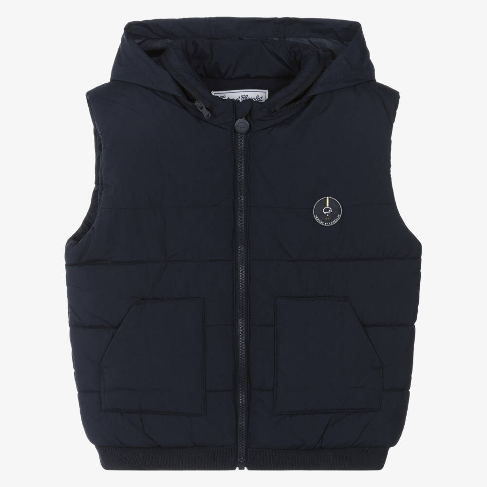 Tartine et Chocolat-Boys Navy Blue Padded Gilet with Foldaway Hood | Childrensalon Outlet