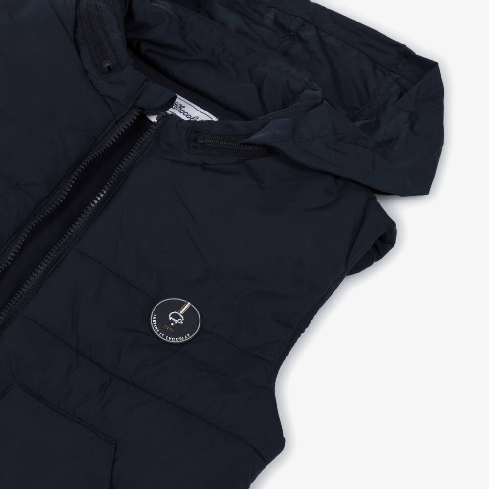 Tartine et Chocolat-Boys Navy Blue Padded Gilet with Foldaway Hood | Childrensalon Outlet
