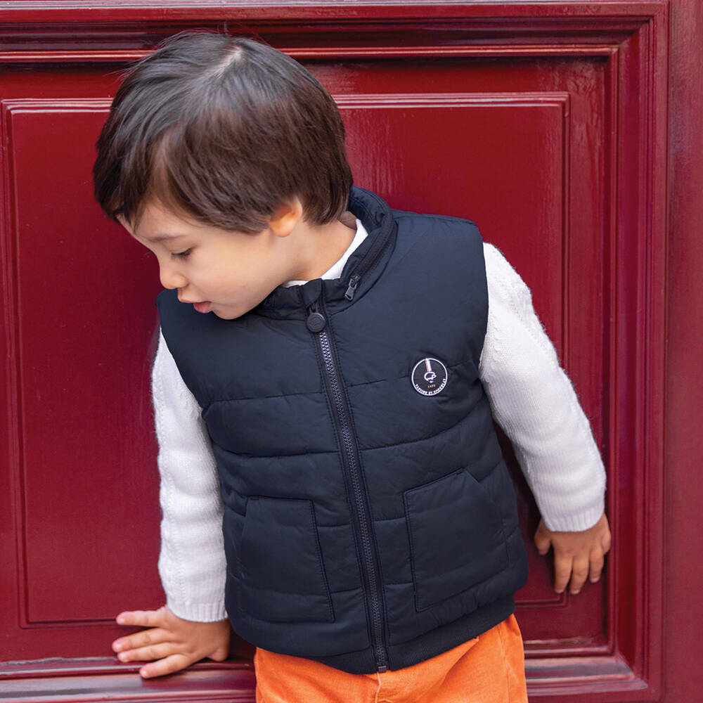 Tartine et Chocolat-Boys Navy Blue Padded Gilet with Foldaway Hood | Childrensalon Outlet