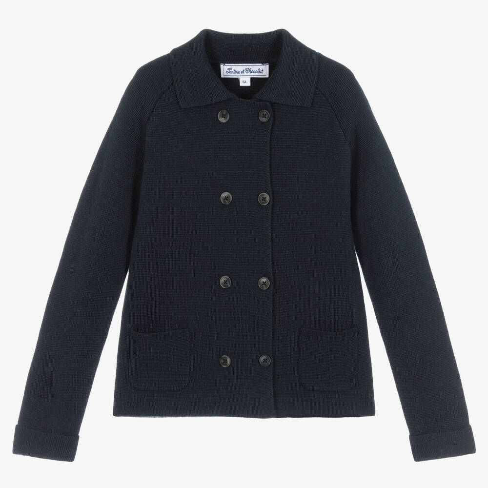 Tartine et Chocolat - Boys Navy Blue Wool Cardigan | Childrensalon