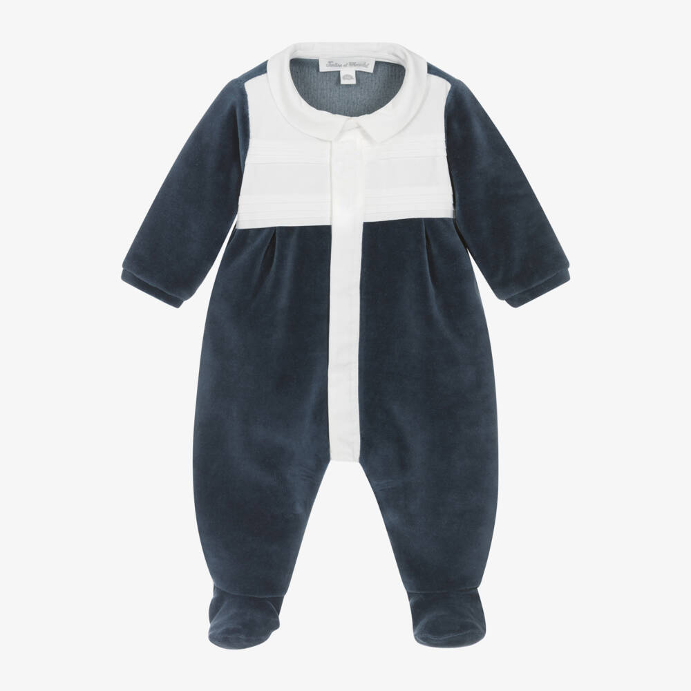 Tartine et Chocolat-Boys Navy Velour Babygrow | Childrensalon Outlet