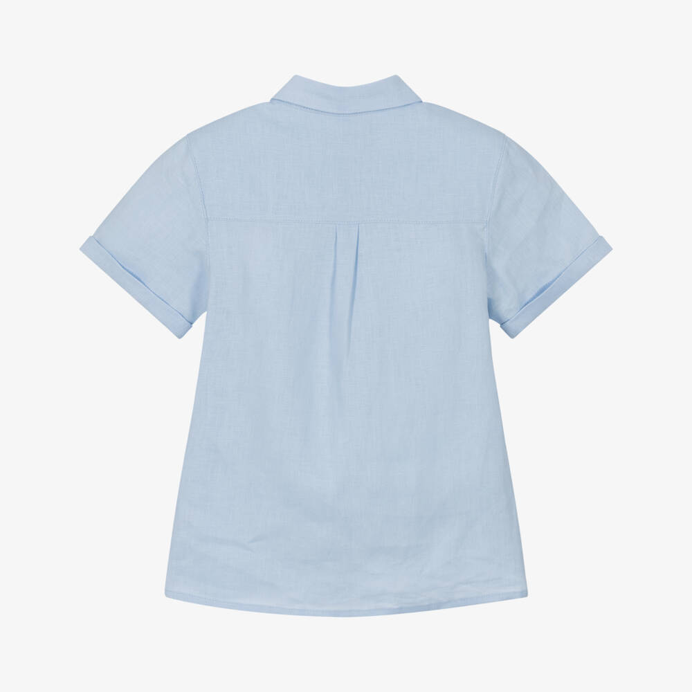 Tartine et Chocolat-Boys Pale Blue Linen Shirt with Embroidered Logo | Childrensalon Outlet