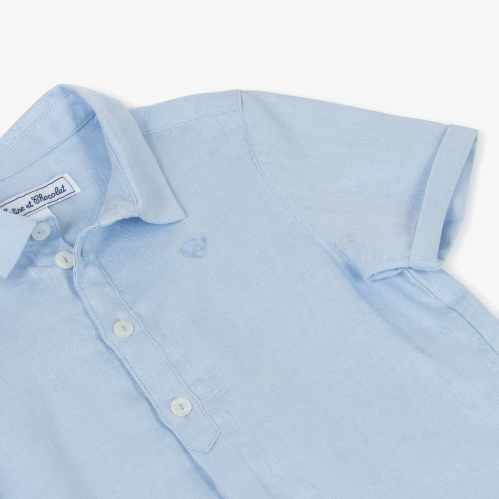 Tartine et Chocolat-Boys Pale Blue Linen Shirt with Embroidered Logo | Childrensalon Outlet