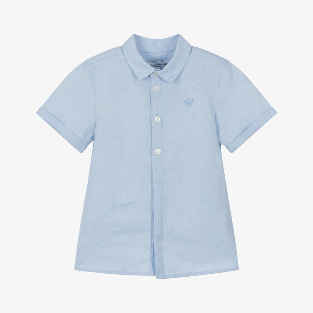 Tartine et Chocolat-Boys Pale Blue Linen Shirt with Embroidered Logo | Childrensalon Outlet