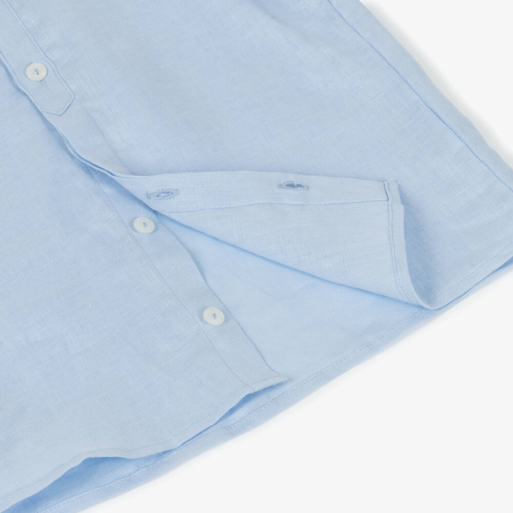 Tartine et Chocolat-Boys Pale Blue Linen Shirt with Embroidered Logo | Childrensalon Outlet