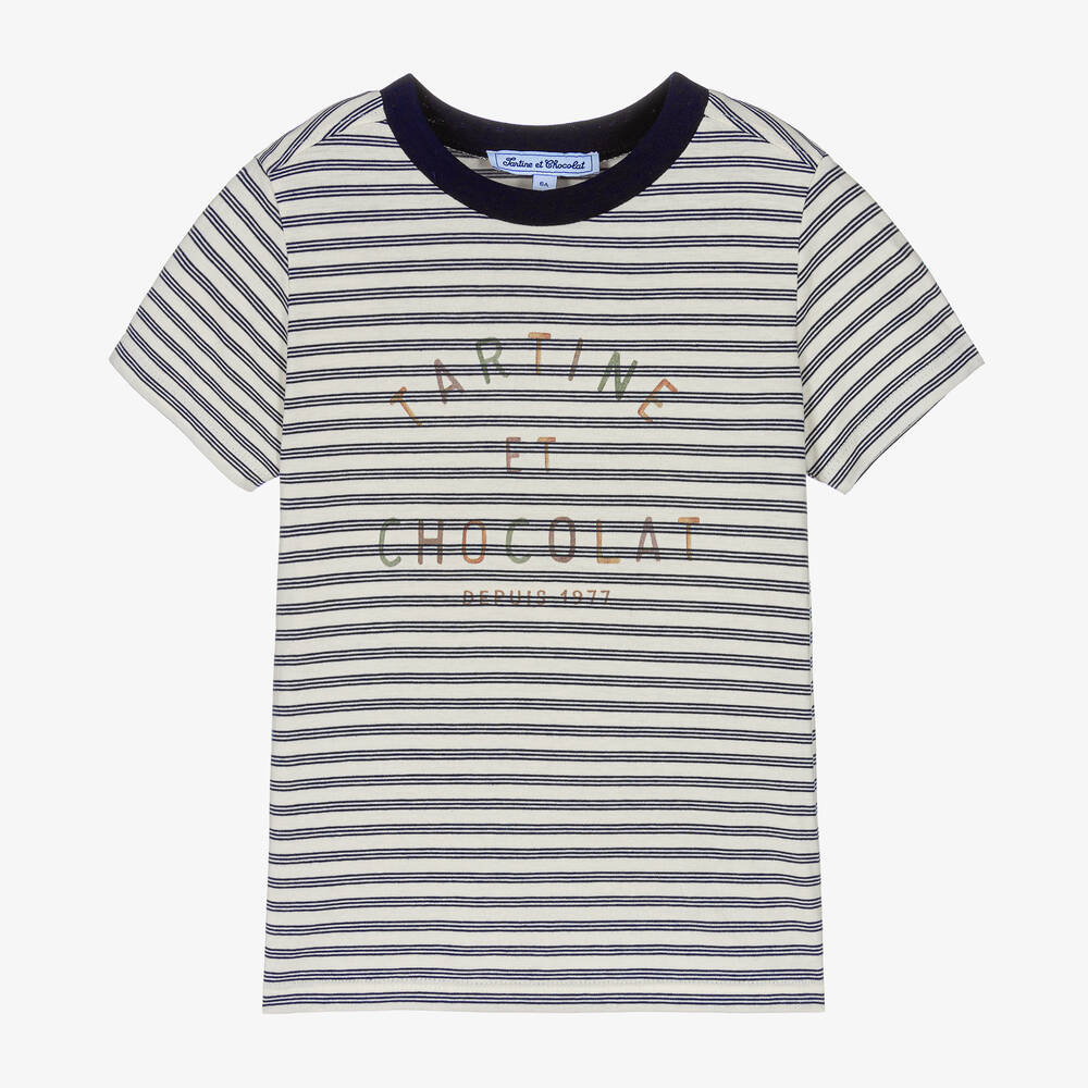 Tartine et Chocolat - Boys Striped Cotton Logo T-Shirt | Childrensalon