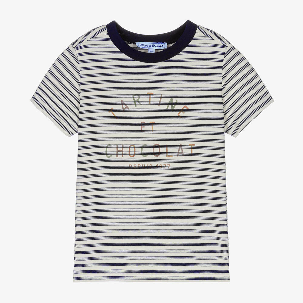 Tartine et Chocolat-Boys Striped Cotton Logo T-Shirt | Childrensalon Outlet