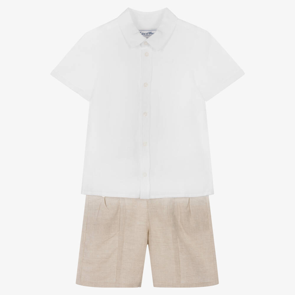 Tartine et Chocolat - Boys White & Beige Linen Shorts Set | Childrensalon