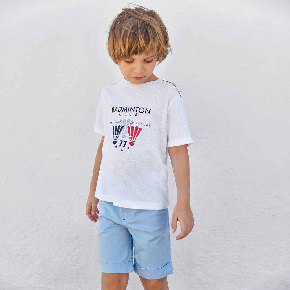Tartine et Chocolat-Boys White Cotton Badminton T-Shirt | Childrensalon Outlet