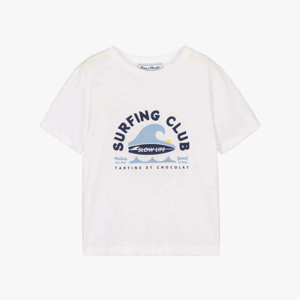 Tartine et Chocolat-Boys White Cotton Surf Print T-Shirt | Childrensalon Outlet