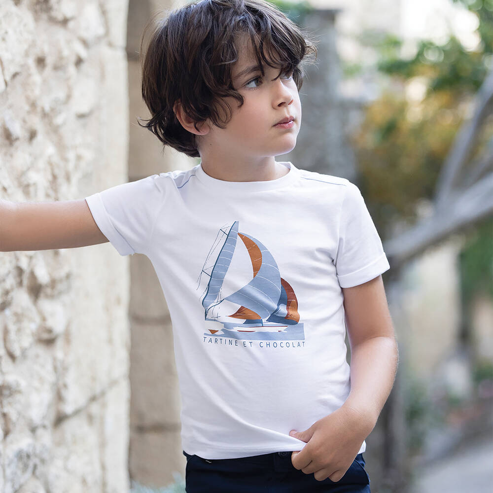 Tartine et Chocolat-Boys White Cotton Yacht T-Shirt | Childrensalon Outlet