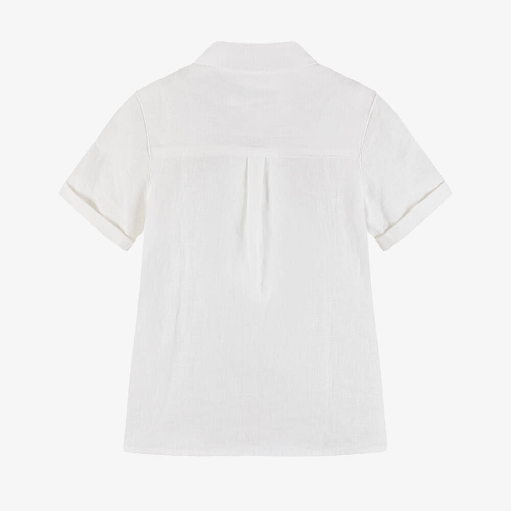 Tartine et Chocolat-Boys White Linen Shirt with Embroidered Logo | Childrensalon Outlet