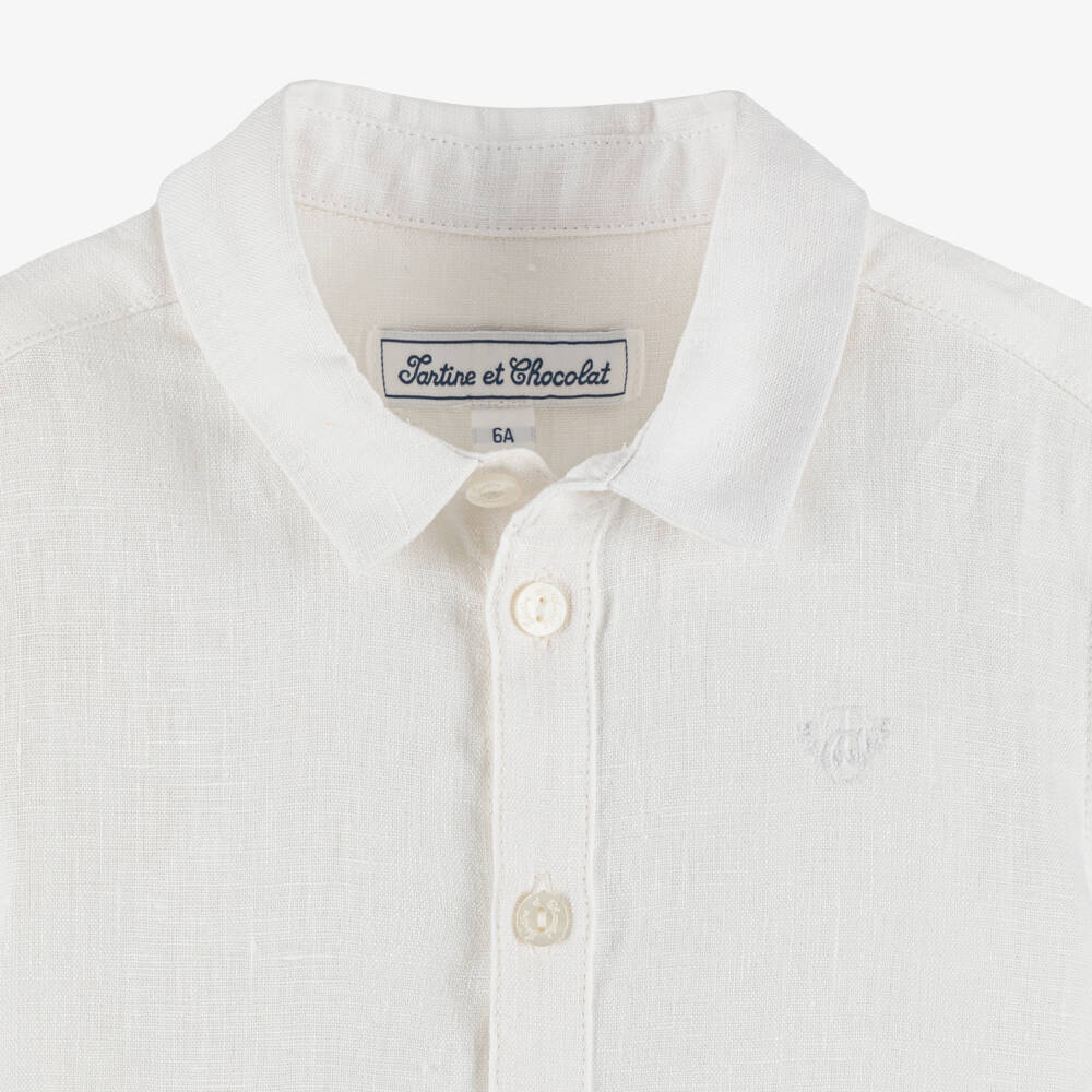 Tartine et Chocolat-Boys White Linen Shirt with Embroidered Logo | Childrensalon Outlet