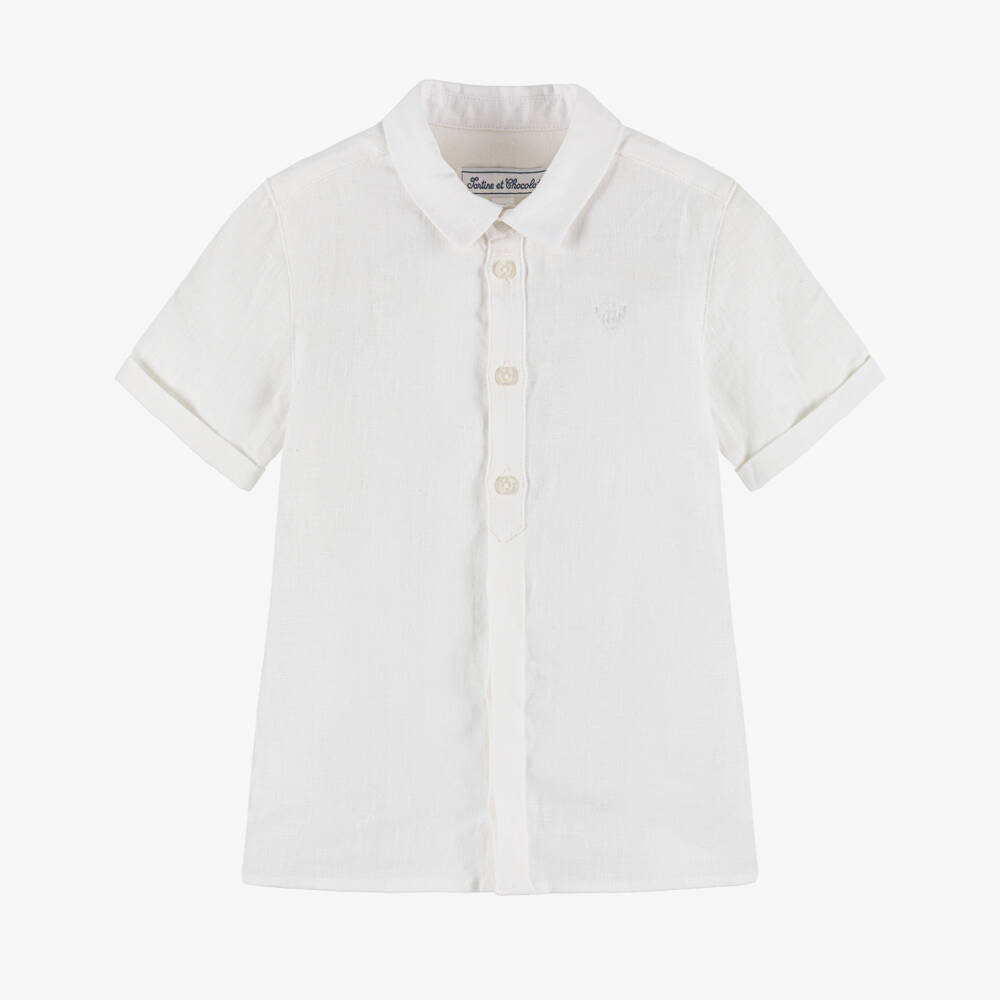 Tartine et Chocolat-Boys White Linen Shirt with Embroidered Logo | Childrensalon Outlet