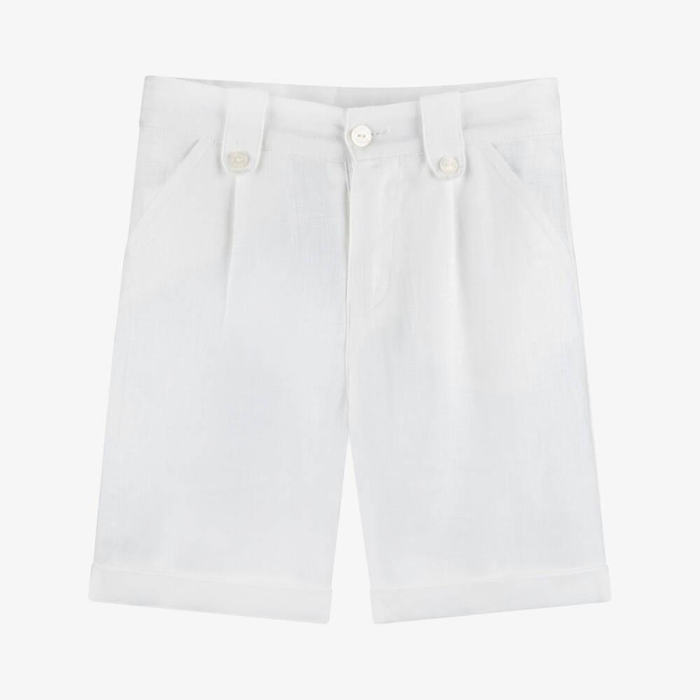 Tartine et Chocolat-Boys White Linen Shorts with Buttoned Tabs | Childrensalon Outlet