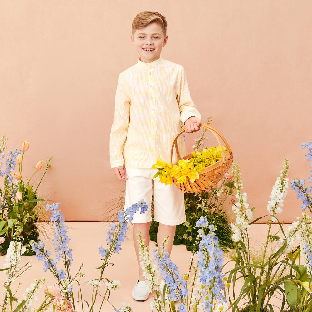 Tartine et Chocolat-Boys Yellow Striped Linen & Cotton Collarless Shirt | Childrensalon Outlet