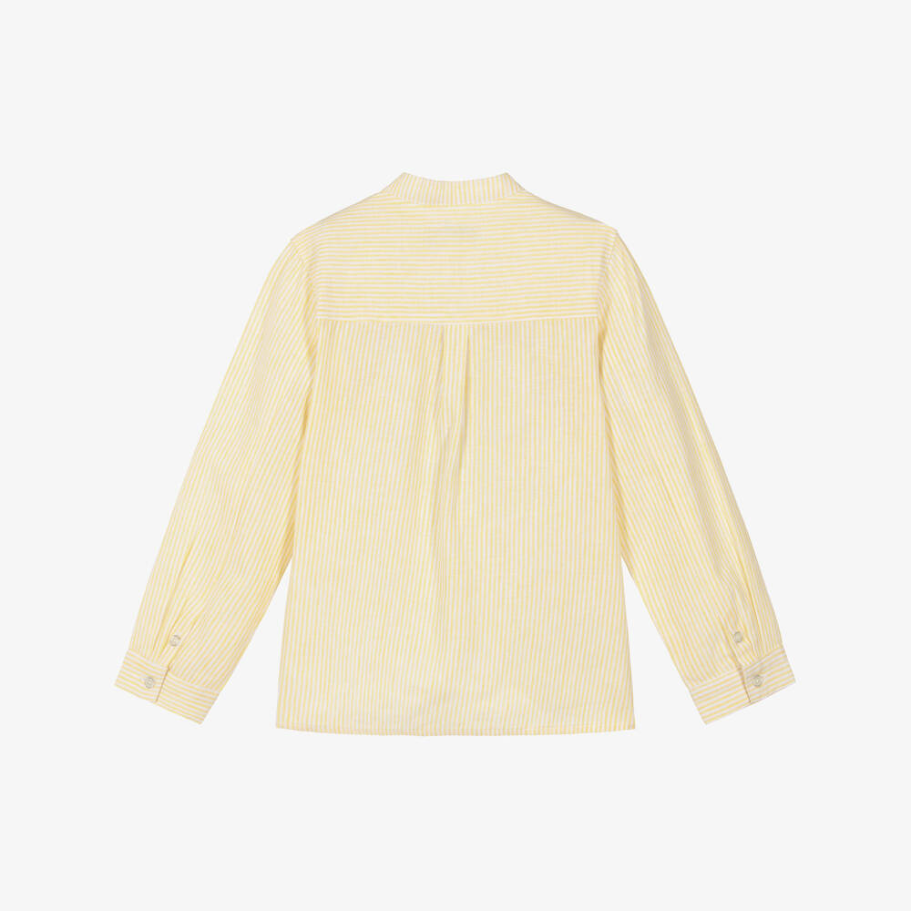 Tartine et Chocolat-Boys Yellow Striped Linen & Cotton Collarless Shirt | Childrensalon Outlet