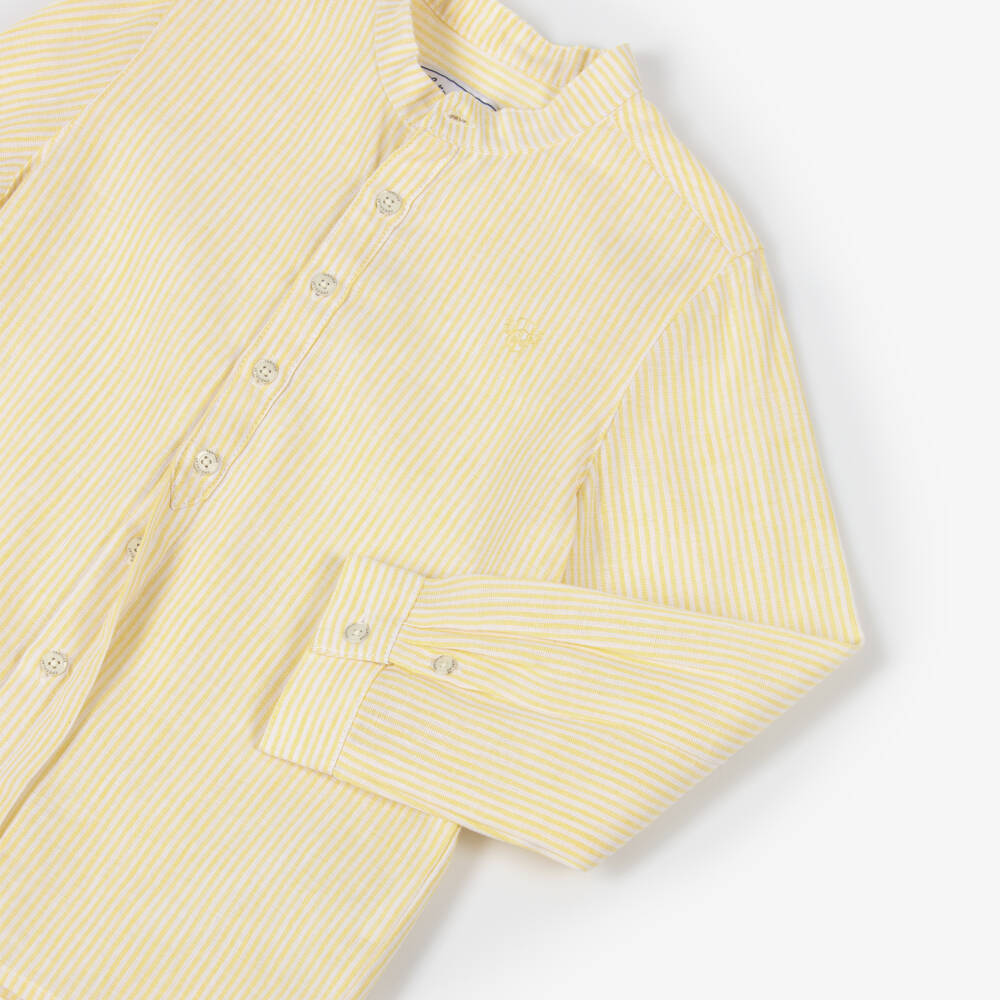 Tartine et Chocolat-Boys Yellow Striped Linen & Cotton Collarless Shirt | Childrensalon Outlet