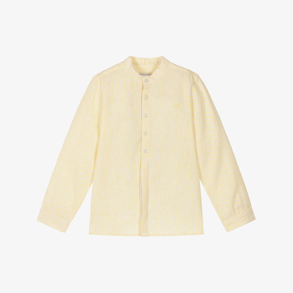 Tartine et Chocolat-Boys Yellow Striped Linen & Cotton Collarless Shirt | Childrensalon Outlet
