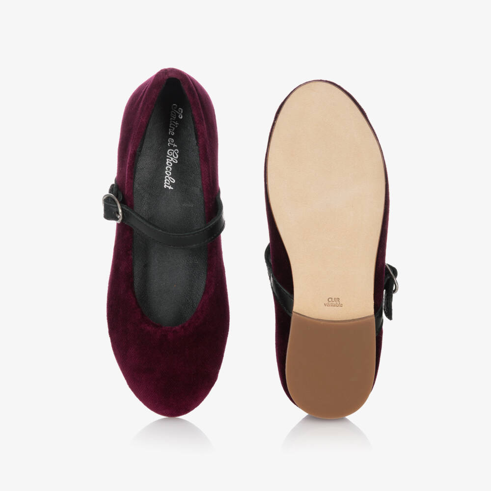 Tartine et Chocolat-Burgundy Velour Bar Shoes | Childrensalon Outlet