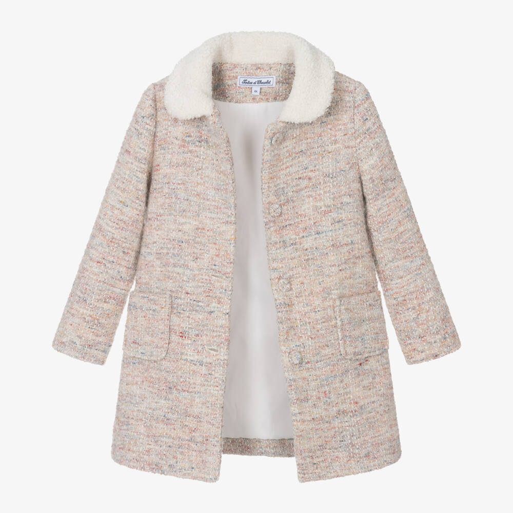 Tartine et Chocolat-Girls Beige Tweed Overcoat | Childrensalon Outlet