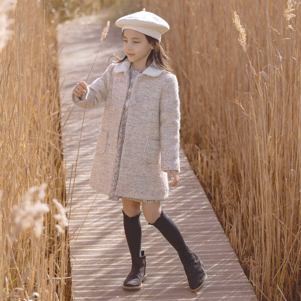 Tartine et Chocolat-Girls Beige Tweed Overcoat | Childrensalon Outlet