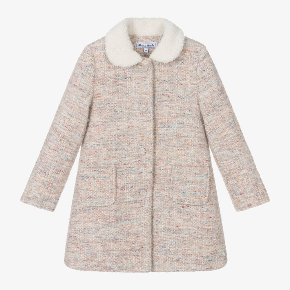 Tartine et Chocolat-Girls Beige Tweed Overcoat | Childrensalon Outlet