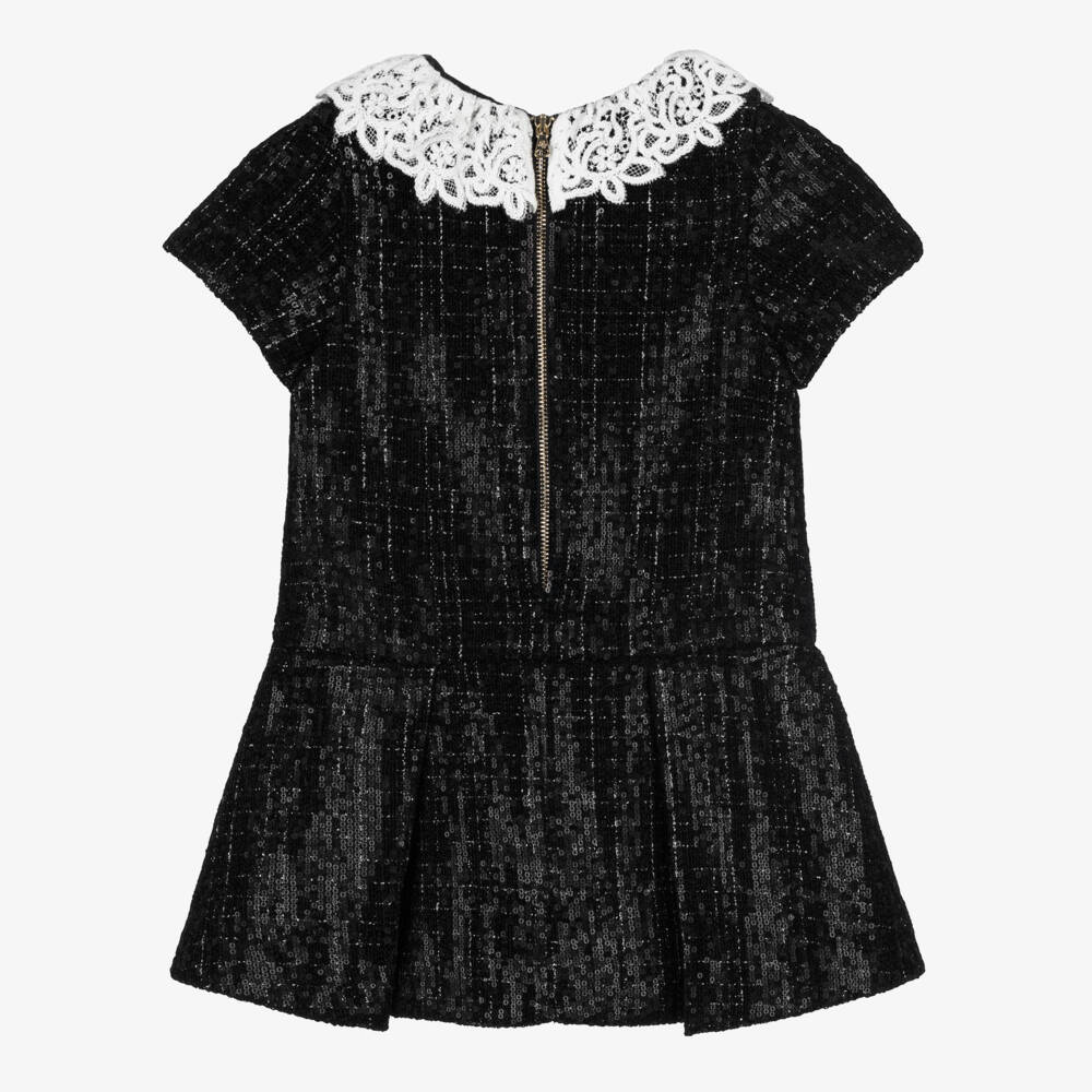 Tartine et Chocolat-Girls Black Sequinned Tweed Dress with Ivory Lace Collar | Childrensalon Outlet