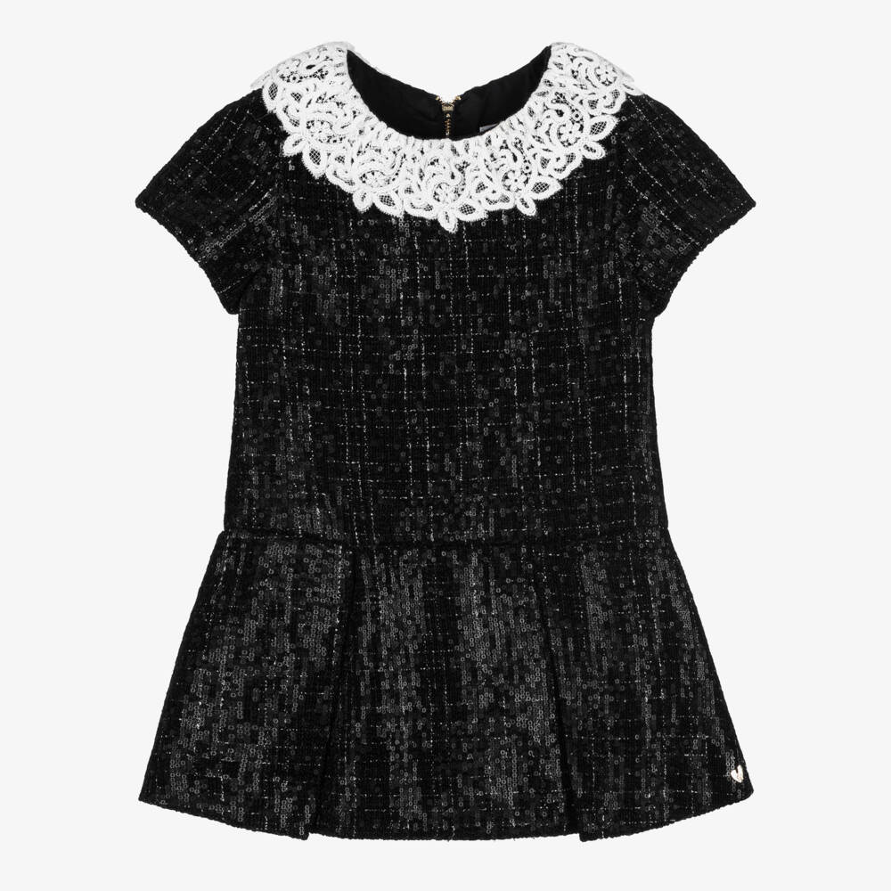 Tartine et Chocolat-Girls Black Sequinned Tweed Dress with Ivory Lace Collar | Childrensalon Outlet