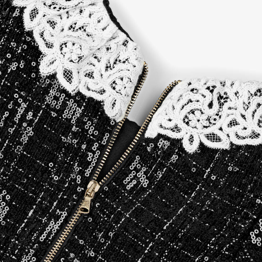 Tartine et Chocolat-Girls Black Sequinned Tweed Dress with Ivory Lace Collar | Childrensalon Outlet