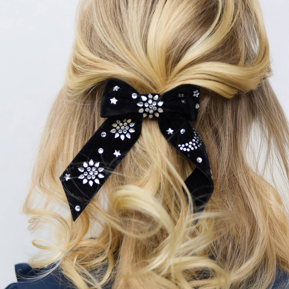 Tartine et Chocolat-Girls Black Velvet & Diamanté Bow Hair Clip (13cm) | Childrensalon Outlet