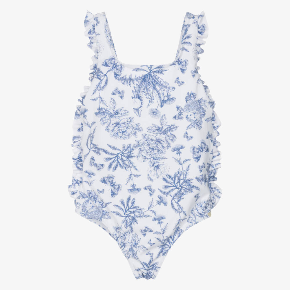 Tartine et Chocolat-Girls Blue Botanical Ruffle Swimwear | Childrensalon Outlet