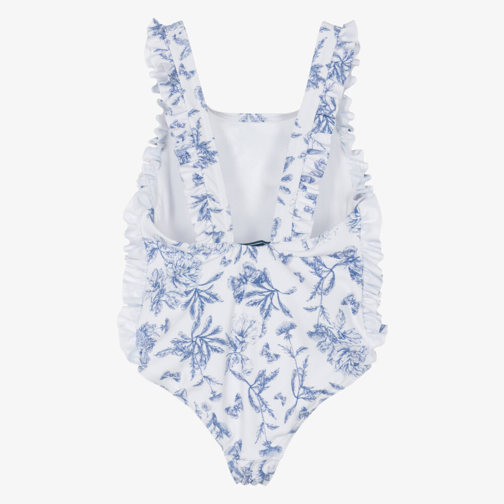 Tartine et Chocolat-مايوه أزرق بناتي بنقشة نباتية مع كشكشات | Childrensalon Outlet