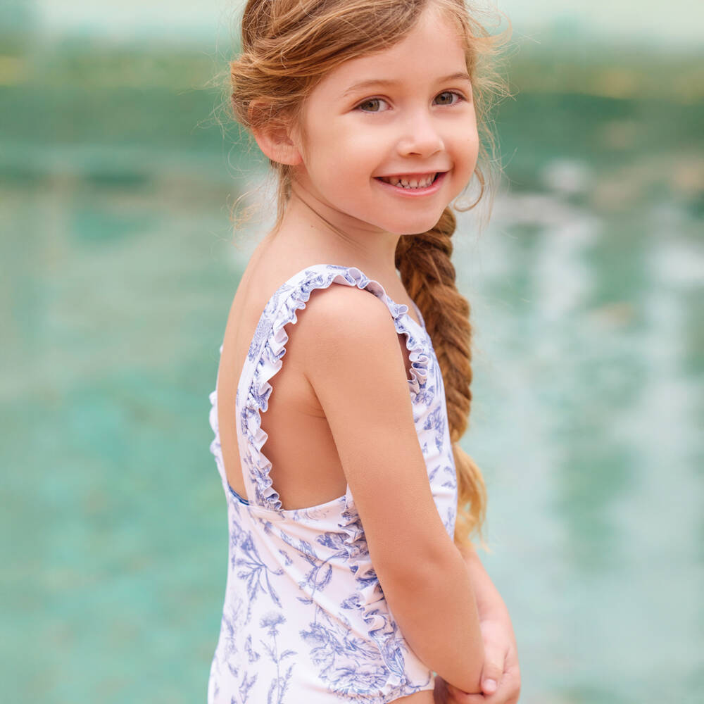 Tartine et Chocolat-مايوه أزرق بناتي بنقشة نباتية مع كشكشات | Childrensalon Outlet