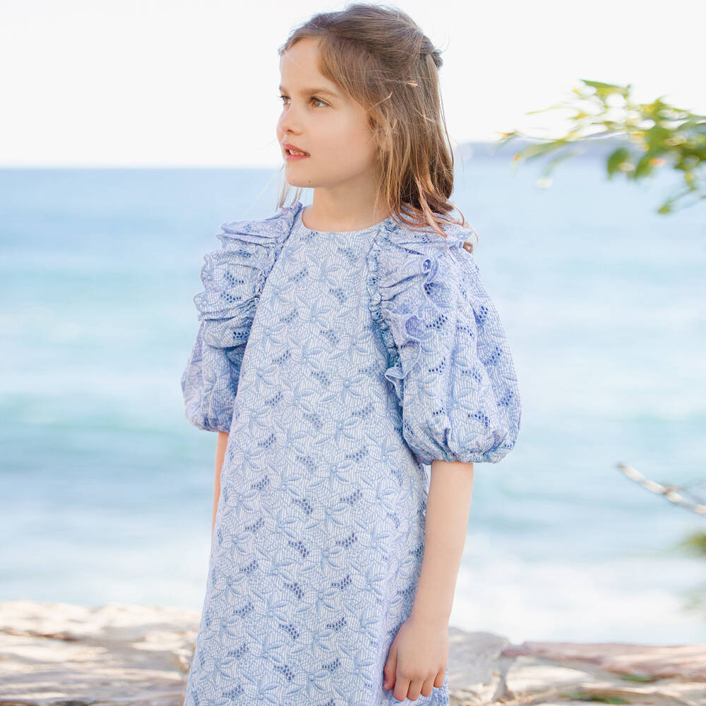 Tartine et Chocolat-فستان برودوري قطن لون أزرق | Childrensalon Outlet