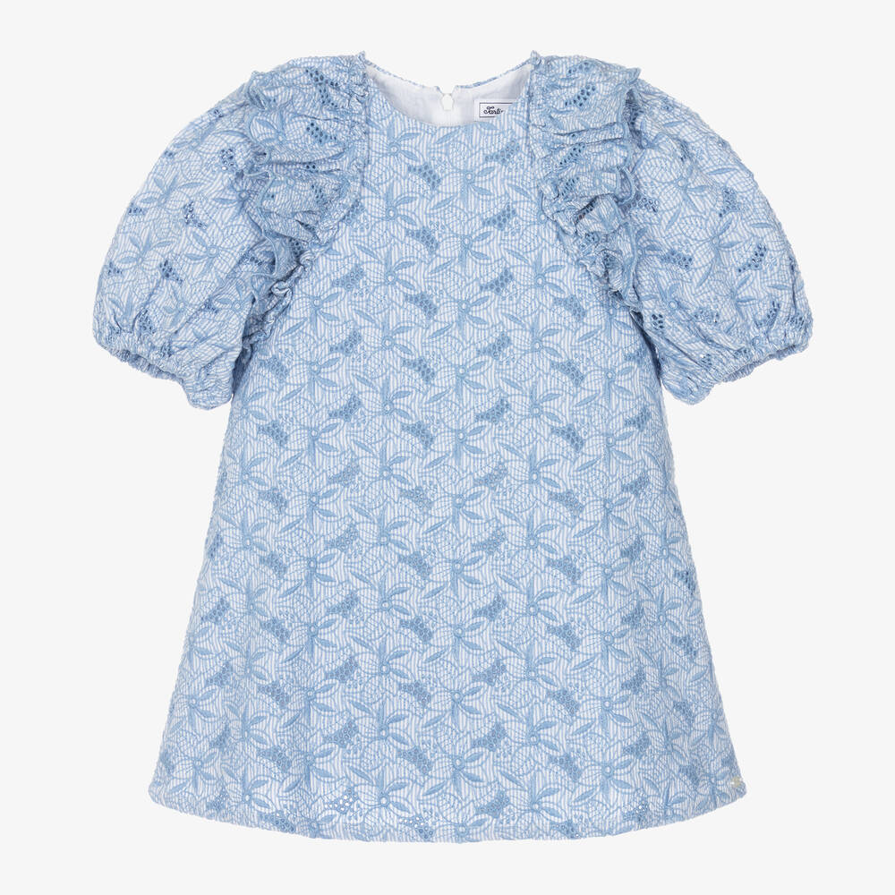 Tartine et Chocolat-Girls Blue Cotton Broderie Anglaise Dress | Childrensalon Outlet