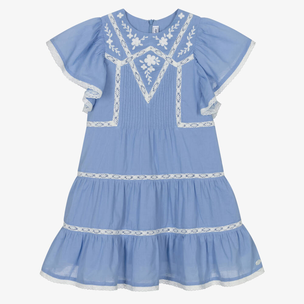 Tartine et Chocolat-Girls Blue Cotton Dress with Floral Embroidery & Lace Trims | Childrensalon Outlet