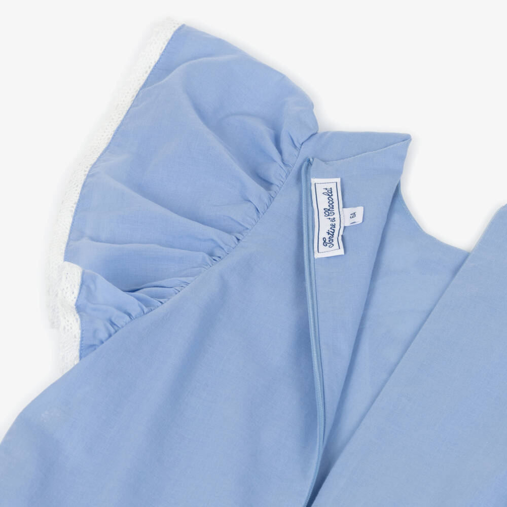 Tartine et Chocolat-Girls Blue Cotton Dress with Floral Embroidery & Lace Trims | Childrensalon Outlet