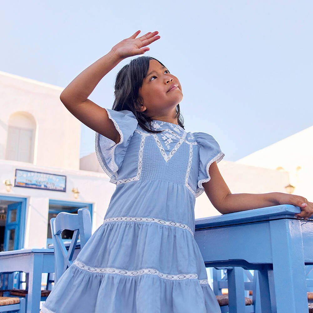 Tartine et Chocolat-Girls Blue Cotton Dress with Floral Embroidery & Lace Trims | Childrensalon Outlet