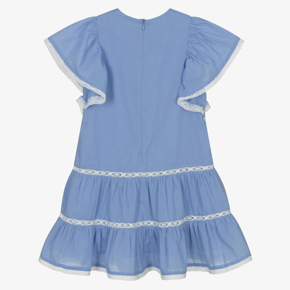 Tartine et Chocolat-Girls Blue Cotton Dress with Floral Embroidery & Lace Trims | Childrensalon Outlet