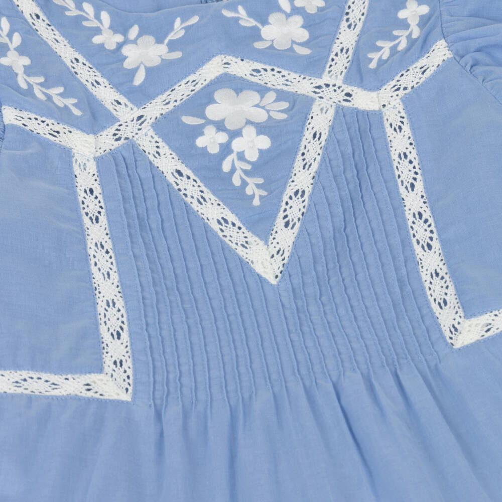 Tartine et Chocolat-Girls Blue Cotton Dress with Floral Embroidery & Lace Trims | Childrensalon Outlet