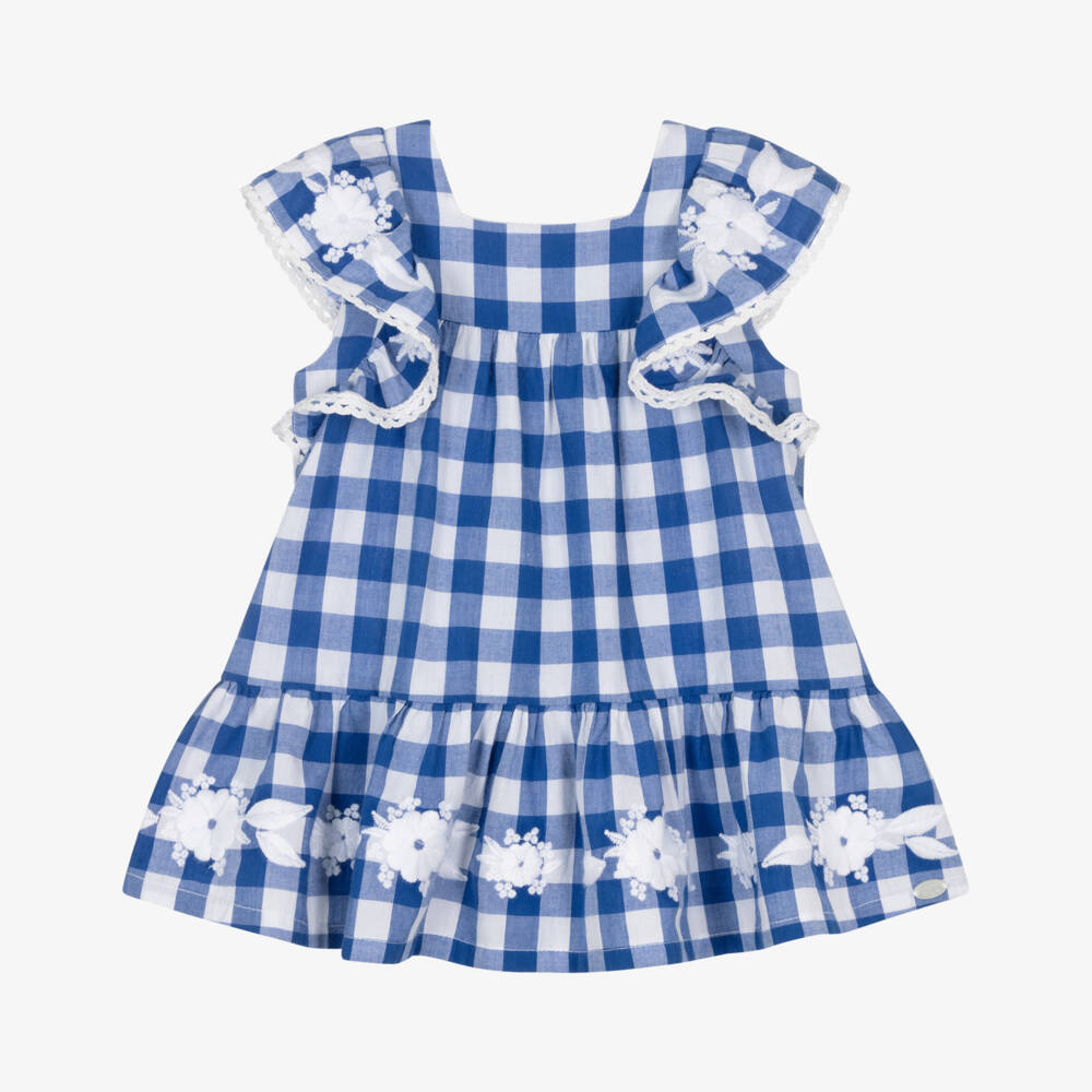 Tartine et Chocolat-Girls Blue Cotton Gingham Dress with Embroidery | Childrensalon Outlet