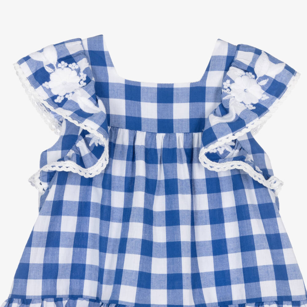Tartine et Chocolat-Girls Blue Cotton Gingham Dress with Embroidery | Childrensalon Outlet