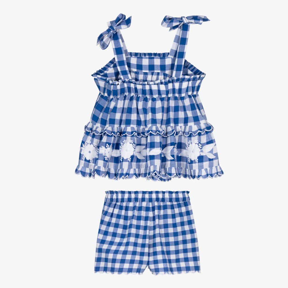 Tartine et Chocolat-Girls Blue Cotton Gingham Shorts Set with Floral Embroidery | Childrensalon Outlet