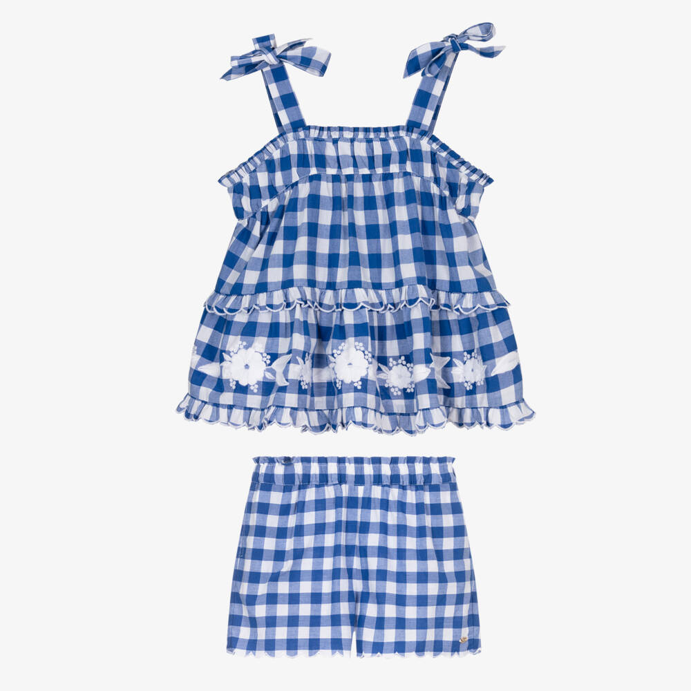 Tartine et Chocolat-Girls Blue Cotton Gingham Shorts Set with Floral Embroidery | Childrensalon Outlet