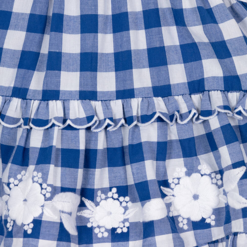 Tartine et Chocolat-Girls Blue Cotton Gingham Shorts Set with Floral Embroidery | Childrensalon Outlet