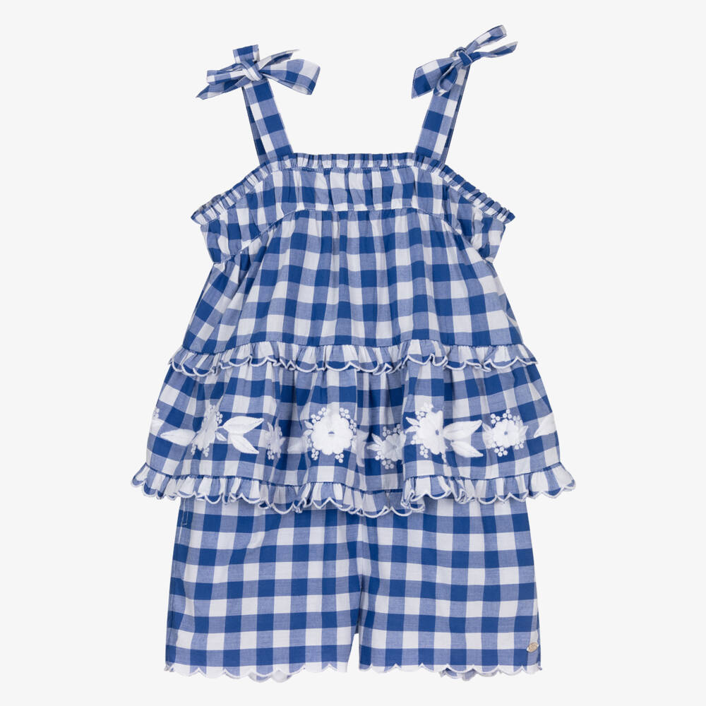Tartine et Chocolat-Girls Blue Cotton Gingham Shorts Set with Floral Embroidery | Childrensalon Outlet