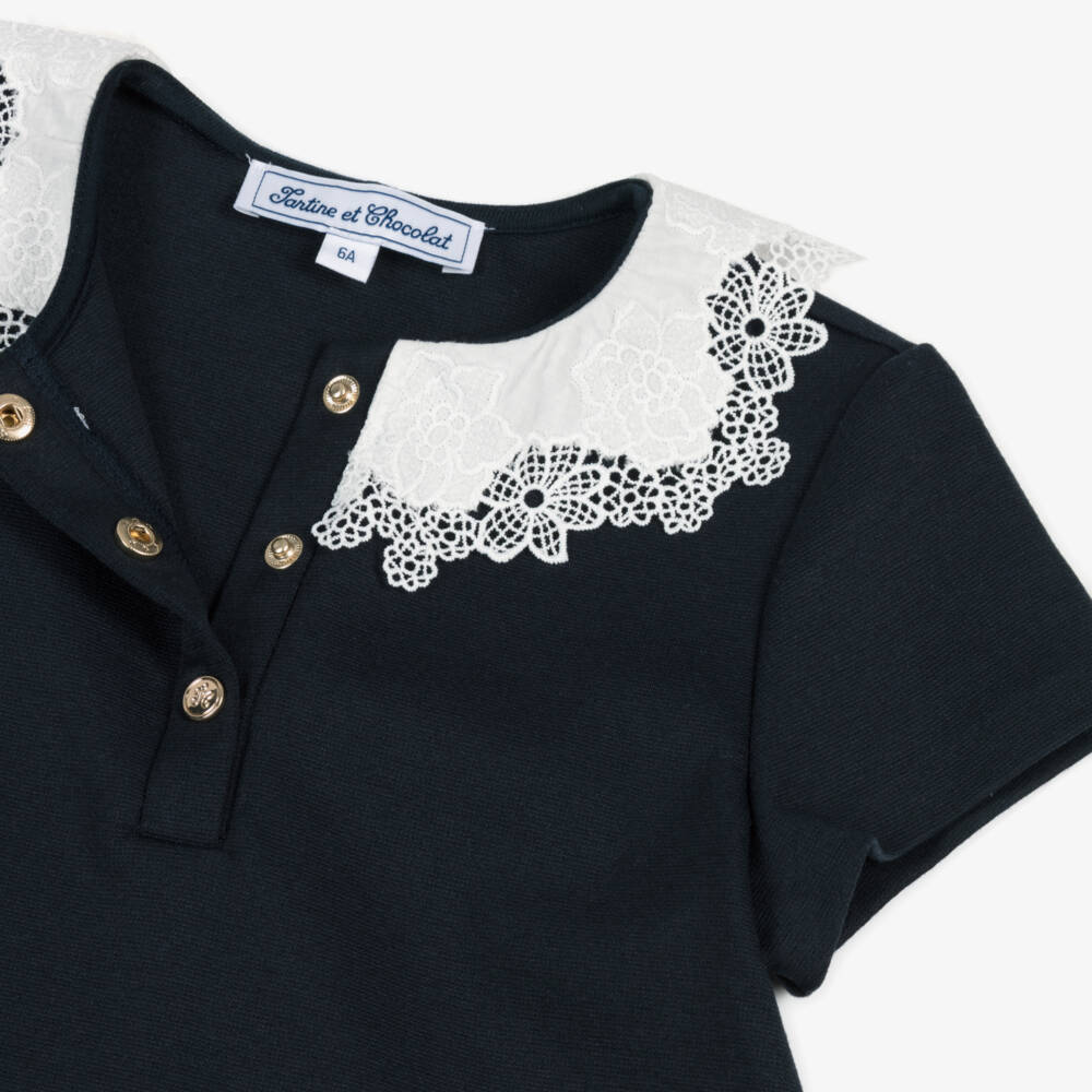 Tartine et Chocolat-Girls Blue Dress with Lace Collar | Childrensalon Outlet