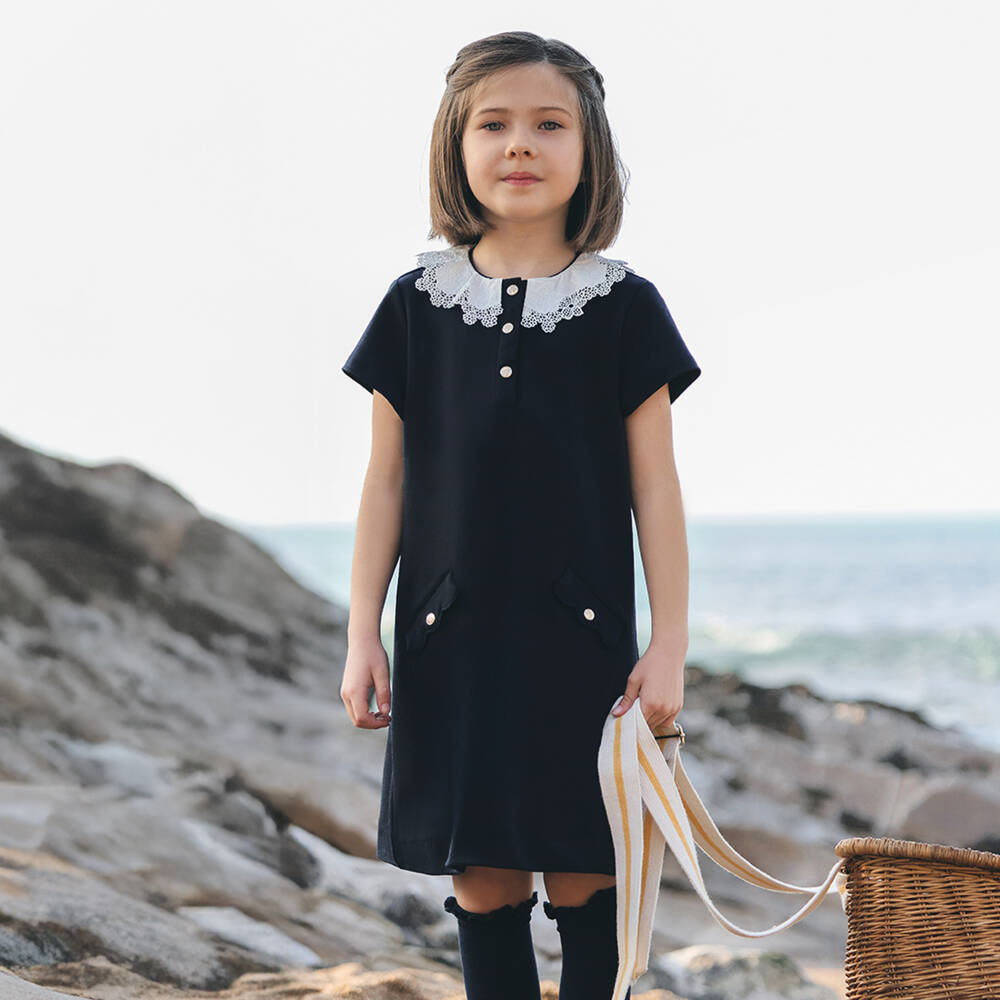 Tartine et Chocolat-Girls Blue Dress with Lace Collar | Childrensalon Outlet
