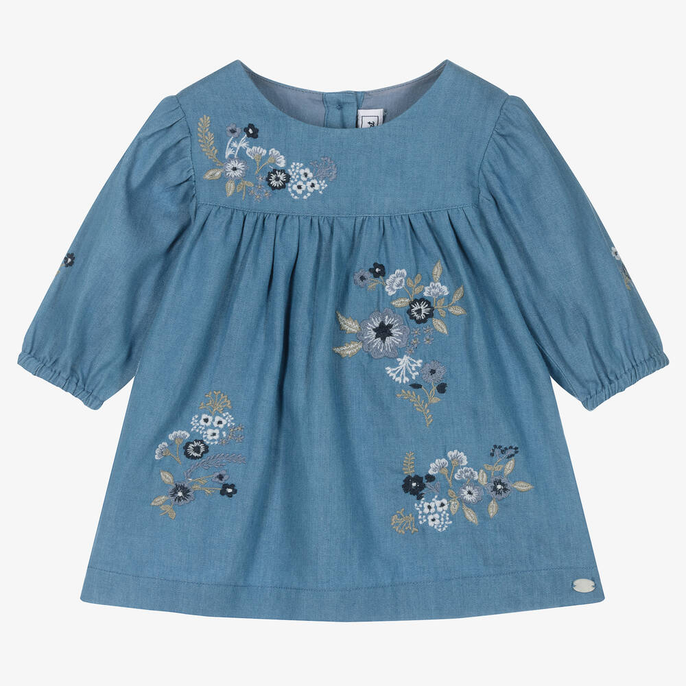 Tartine et Chocolat - Girls Blue Embroidered Chambray Dress | Childrensalon